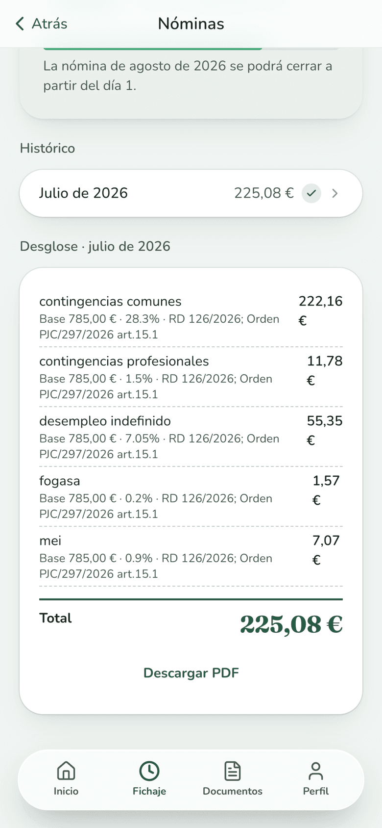 Captura de una nómina generada en la app