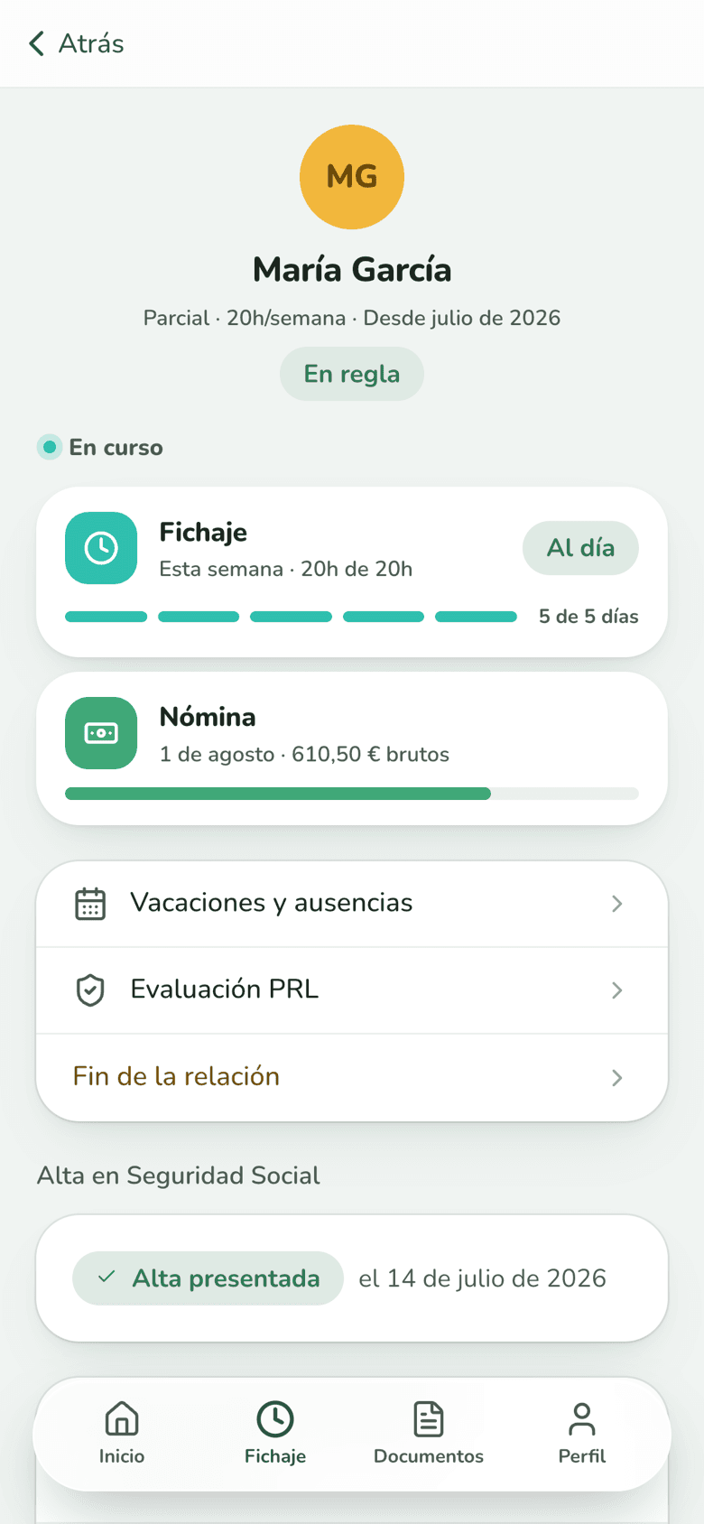 Captura del fichaje diario en la app